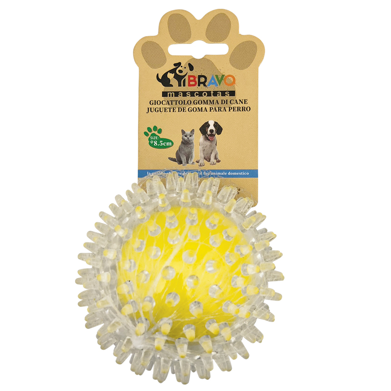 pelota para perro de goma amarilla con picos transparentes